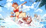  4girls admire_vega_(umamusume) ahoge animal_ears annoyed arm_up artist_name beehunterkisser bikini bird black_bikini blue_sky blush breasts brown_hair closed_mouth commentary day english_commentary fatter_than_canon hair_between_eyes hair_intakes hair_ornament hairband haru_urara_(umamusume) highres horse_ears horse_girl horse_tail huge_breasts long_hair looking_ahead looking_at_another medium_breasts meisho_doto_(umamusume) multicolored_hair multiple_girls navel open_mouth outdoors outstretched_arm pale_skin parted_lips pink_hair plump raised_inner_eyebrows red_bikini red_eyes seagull short_hair sky smile standing stomach swimming swimsuit t.m._opera_o_(umamusume) tail tan two-tone_hair umamusume water white_bikini white_hair 