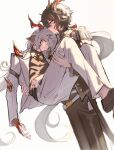  2boys animal_ears arknights black_coat black_hair black_pants black_shirt blood blood_on_face blood_on_hand carrying carrying_person closed_eyes coat collared_shirt commentary ebenholz_(arknights) epaulettes frown fuyao_(kafeiwww) goat_boy goat_ears goat_horns highres horns jacket kreide_(arknights) long_hair looking_down male_focus material_growth multiple_boys oripathy_lesion_(arknights) pants princess_carry purple_eyes shirt sidelocks simple_background spoilers tailcoat white_background white_hair white_jacket white_pants 