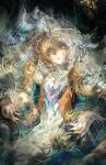  1girl absurdres brown_eyes brown_hair chinese_commentary commentary_request dress everecho_(reverse:1999) green_dress grey_eyes highres long_hair orange_vest parted_lips reverse:1999 shallow_drowning solo upper_body veil vest white_veil 