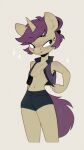 1_horn 2025 anthro biped bottomwear breasts clothed clothed_anthro clothed_female clothing collarbone digital_drawing_(artwork) digital_media_(artwork) english_description equid equine eye_through_hair eyebrow_through_hair eyebrows fan_character female friendship_is_magic hair half-closed_eyes hasbro hi_res horn inner_boob lavrushka_(oc) looking_aside mammal midriff my_little_pony mythological_creature mythological_equine mythology narrowed_eyes navel portrait purple_eyes purple_hair purple_tail rexyseven shorts simple_background solo sparkles tail three-quarter_portrait topwear translucent translucent_hair under_boob unicorn vest