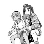  >:( 3girls ahoge animal_ears awa_subaru black_hair blush closed_mouth frown gattai_(hunter_x_hunter) girls_band_cry grey_hair greyscale hair_between_eyes hellfire00001 highres hunter_x_hunter iseri_nina long_hair long_hair_between_eyes lop_rabbit_ears low_twintails mole mole_under_eye monochrome multicolored_hair multiple_girls open_mouth parody parted_bangs rabbit_ears roots_(hair) rupa_(girls_band_cry) scene_reference shirt short_hair short_twintails sidelocks simple_background squatting twintails v-shaped_eyebrows white_background 