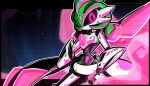 absurdres area_zero arm_blade armor black_sclera clip_studio_paint_(medium) colored_sclera colored_skin commentary double_blade english_commentary gigimarvels green_hair highres humanoid_robot iron_valiant joints multicolored_skin pink_eyes pixel_eyes pokemon pokemon_(creature) robot robot_joints solo two-tone_skin waist_cape weapon white_armor white_skin 