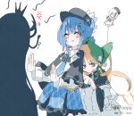  3girls anger_vein artist_name asymmetrical_legwear bird_hat_ornament black_bow black_capelet black_hat black_thighhighs blonde_hair blue_hair blue_necktie blue_skirt bonnet bow bow_flower bowtie braid braided_hair_rings capelet checkered_clothes checkered_skirt collared_shirt commentary crown deerstalker dress extra_horns foopy frilled_dress frilled_sleeves frills green_bonnet green_eyes hair_bow hair_rings hat hat_ribbon hiding hiding_behind_another highres layered_skirt long_hair long_sleeves mahou_shoujo_no_majo_saiban multiple_girls necktie nikaido_hiro pleated_capelet ribbon sakuraba_ema shirt short_hair signature simple_background single_thighhigh skirt snake_hair spoilers tachibana_sherry thighhighs tono_hanna twintails watermark white_background wide_sleeves witch_(manosaba) yellow_eyes 