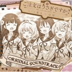  4girls :d ^_^ album_cover blunt_bangs blush buttons closed_eyes collarbone collared_shirt copyright_name cover cup disposable_cup drink drinking_straw english_text facing_viewer flower gochuumon_wa_usagi_desu_ka? hair_between_eyes hair_flower hair_ornament hairband hairclip highres holding holding_cup hoto_cocoa hoto_cocoa's_school_uniform kirima_syaro long_hair monochrome multiple_girls neck_ribbon official_art open_mouth plaid_clothes plaid_sailor_collar ribbon sailor_collar school_uniform sepia serafuku shirt short_hair short_sleeves smile tedeza_rize traditional_media ujimatsu_chiya upper_body wavy_hair white_shirt 