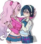  2girls alien_stage animal_print black_hair blue_skirt blue_vest blush bob_cut cigarette collared_shirt commentary cropped_hoodie denim denim_shorts english_commentary hairband high_ponytail holding holding_cigarette holding_notebook hood hoodie kabedon leopard_print long_hair long_sleeves mizi_(alien_stage) multiple_girls notebook official_alternate_costume pink_hair pink_hoodie pink_nails ponytail shirt short_hair short_shorts shorts skirt smoke sua_(alien_stage) very_long_hair vest white_hairband white_shirt wompompd yuri 