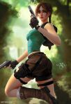  1girl aqua_tank_top artist_name ass backpack bag bare_arms belt black_belt black_gloves blurry blurry_background boots braid braided_ponytail breasts brown_boots brown_eyes brown_hair brown_shorts commentary dual_wielding english_commentary fingerless_gloves from_side gloves gun hand_up handgun holding holding_gun holding_weapon holster jungle knee_boots lara_croft leg_up long_hair looking_at_viewer m1911 medium_breasts midriff nature nixri outdoors ponytail shorts sidelocks solo standing standing_on_one_leg tank_top thigh_holster thigh_strap tomb_raider trigger_discipline turning_head v-shaped_eyebrows weapon web_address 