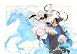  2boys belt black_cape black_hair black_hat black_pants black_ribbon black_shirt black_shoes blue_cape cape closed_mouth commentary english_commentary eye_contact facial_hair floating frilled_sleeves frills from_side goatee hand_on_another's_chin hat highres horse hydrokinesis inset_border long_sleeves looking_at_another male_focus multiple_boys olruggio_(tongari_boushi_no_atelier) pants pince-nez profile qifrey_(tongari_boushi_no_atelier) ribbon shirt shirt_tucked_in shoes short_hair sleeves_past_wrists smile standing tassel tongari_boushi_no_atelier two-sided_cape two-sided_fabric vhesio water white_background white_cape white_hair white_hat white_pants white_shirt yaoi 