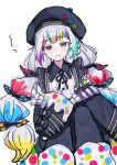  1girl beret black_hat black_jacket black_pantyhose bow collared_shirt commentary_request hat heterochromia highres jacket jacket_partially_removed jogasaki_noah long_hair long_sleeves looking_at_viewer mahou_shoujo_no_majo_saiban multi-tied_hair multicolored_hair mumesan2 neck_ribbon off_shoulder paintbrush pantyhose polka_dot polka_dot_bow red_eyes ribbon shirt simple_background sitting sleeve_bow solo streaked_hair white_background white_hair white_shirt wide_sleeves yellow_eyes 