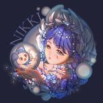  1girl ahoge animal baobao_gu_zhence_yuan bare_shoulders beads black_background blue_bow blue_bowtie blue_cloak blue_hair bow bowtie braid brooch cat chinese_commentary circlet cloak clothed_animal collarbone commentary_request copyright_name cropped_torso dark dress ear_covers flower flower_as_hat flower_brooch hair_beads hair_ornament heartward_hues_(infinity_nikki) highres holding holding_orb hood hood_up hooded_cloak infinity_nikki jewelry light_particles long_hair looking_at_animal low_twin_braids momo_(nikki) neck_ribbon nikki_(series) off-shoulder_dress off_shoulder official_alternate_costume orb paint_splatter paint_splatter_on_face parted_lips pawpads purple_dress purple_flower ribbon striped_bow surprised twin_braids white_bow white_bowtie white_cat white_flower white_ribbon x_navel 