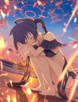  1girl animal_ear_fluff animal_ears barefoot beach bikini black_bikini black_hair blue_archive blue_ribbon blush breasts cat_ears cat_girl closed_eyes commentary evening extra_ears feet fireworks frilled_bikini frills full_body hair_ribbon halo halterneck highres holding holding_fireworks legs long_hair ocean off-shoulder_bikini off_shoulder official_alternate_costume open_mouth outdoors overexposure piisu red_halo ribbon serika_(blue_archive) serika_(swimsuit)_(blue_archive) small_breasts solo sparkler squatting sunset swimsuit toenails toes twintails very_long_hair wavy_mouth 