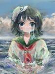  1girl black_hair black_sailor_collar commentary grey_eyes hat highres looking_at_viewer murasa_minamitsu neckerchief no_mouth ocean omaega_chan outdoors partially_submerged red_neckerchief sailor sailor_collar shirt short_hair solo tearing_up tears touhou white_hat white_shirt 