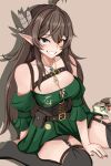  1girl ahoge black_thighhighs breasts brown_corset brown_feathers brown_hair cleavage commentary corset dress english_commentary feather_hair_ornament feathers green_dress grey_eyes grin hair_between_eyes hair_ornament heterochromia highres indie_virtual_youtuber jewelry kumi_(vtuber) large_breasts long_hair looking_at_viewer necklace orange_eyes pointy_ears pouch scar scar_across_eye scar_on_face sitting smile solo thighhighs thighs tinglerotunda virtual_youtuber 