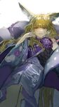  1girl absurdres animal_ear_fluff animal_ears arknights blonde_hair blue_jacket blue_sash chinese_commentary closed_mouth commentary dress floral_print flower fox_ears fox_girl grey_dress highres jacket long_hair looking_at_viewer official_alternate_costume open_clothes open_jacket orange_eyes purple_flower qinglan_zilan sash scar scar_on_face smile solo very_long_hair vulpisfoglia_(arknights) vulpisfoglia_(out_of_focus)_(arknights) 