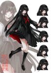  1girl absurdres black_sailor_collar black_serafuku black_socks blunt_bangs commentary_request dotera_(clothes) eyeshadow highres hime_cut kayoi long_sidelocks long_sleeves makeup mole mole_under_eye multiple_expressions neckerchief original red_eyeshadow red_lips red_neckerchief sailor_collar school_uniform serafuku sidelocks socks very_long_sidelocks white_background 