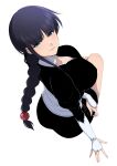  1girl absurdres aqua_eyes arm_at_side ass beads black_hair black_kimono bleach blunt_bangs braid braided_ponytail breasts choker closed_mouth commentary_request eyelashes from_above from_behind full_body hair_beads hair_ornament highres japanese_clothes juliet_sleeves kimono kurotsuchi_nemu large_breasts lips long_hair long_sleeves looking_at_viewer looking_up nishizuki_shino partial_commentary puffy_sleeves purple_hair short_kimono simple_background sitting solo tsurime very_long_hair white_background white_choker 