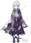  1girl artist_name bib_collar black_cloak black_shoes cloak closed_mouth commentary_request foopy highres holding holding_behind_back holding_scythe holding_weapon_behind_back kurobe_honoka long_sleeves looking_at_viewer mahou_shoujo_no_majo_saiban mask mask_on_head narehate_(mahou_shoujo_no_majo_saiban) puffy_sleeves purple_eyes scythe shirt shoes short_hair signature simple_background smile solo spoilers watermark white_background white_hair white_shirt 