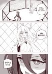  2girls arena aris_(armed)_(blue_archive) aris_(blue_archive) blue_archive bright_pupils commentary_request dress duel hair_between_eyes halo highres jujutsu_kaisen kei_(blue_archive) kei_(decagrammaton)_(blue_archive) korean_commentary long_hair long_hair_between_eyes long_sleeves multiple_girls official_alternate_costume open_mouth parody rectangular_halo ringed_eyes scene_reference speech_bubble translation_request twintails very_long_hair wide_sleeves yusang 
