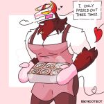 2014 2_horns anthro apron artist_name blush blush_lines clothed clothed_anthro clothed_male clothing dialogue digital_drawing_(artwork) digital_media_(artwork) english_text flesh_fang front_view fur halo handwear head_horn heart_symbol hi_res horn karma_(skykdotidot) looking_at_viewer male mittens muscular muscular_anthro muscular_male neck_tuft open_mouth open_smile pecs pink_apron pink_background pink_clothing pink_handwear pink_mittens portrait pupils red_body red_fur simple_background skykdotidot slit_pupils smile solo spade_tail speech_bubble tail talking_to_viewer text three-quarter_portrait tuft unknown_species white_body yellow_sclera