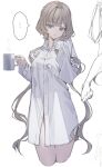  ... 1girl absurdres alternate_costume blue_eyes buttons closed_mouth coffee_mug commentary_request cup genshin_impact grey_hair highres holding holding_cup long_hair long_sleeves mug naked_shirt oversized_clothes oversized_shirt partially_unbuttoned sandrone_(genshin_impact) sato_inryo shirt simple_background solo speech_bubble steam thighs white_background white_shirt 