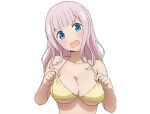  1girl absurdres anime_coloring bare_shoulders bikini blue_eyes blush breasts cleavage collarbone coro_fae fingernails fujiwara_chika head_tilt highres kaguya-sama_wa_kokurasetai_~tensai-tachi_no_renai_zunousen~ large_breasts long_hair looking_at_viewer official_style open_mouth pink_hair simple_background solo swimsuit tearing_up v-shaped_eyebrows white_background yellow_bikini 