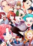  1girl 6+boys :d akagi_kazuyuki amachi_shouta aqua_hair black_pantyhose blue_necktie bob_cut braid brown_hair brown_shoes capelet christopher_weatherfield closed_eyes dress earclip everyone glasses green_necktie green_vest grey_dress hanegasaki_academy_school_uniform hariya_kounoshin hikami_itaru holding holding_beaker holding_paintbrush komori_taku loafers majima_tarou masaki_motoharu multiple_boys necktie osugi_illust paintbrush pantyhose pink_hair pointing protagonist_(tokimemo_gs2) purple_eyes red_eyes red_hair red_necktie saeki_teru school_uniform shiba_katsumi shoes short_hair smile spiked_hair tokimeki_memorial tokimeki_memorial_girl's_side tokimeki_memorial_girl's_side_2nd_kiss vest wakaouji_takafumi white_capelet 