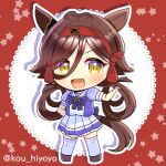  1girl :d animal_ears antenna_hair blush bow bowtie brown_eyes brown_hair brown_shoes chibi commentary doily full_body hair_between_eyes hair_rings hairband horse_ears horse_girl horse_tail horseshoe_ornament kou_hiyoyo multicolored_hair no_reason_(umamusume) outline pleated_skirt puffy_short_sleeves puffy_sleeves purple_bow purple_bowtie purple_shirt red_background red_hair red_hairband school_uniform shirt shoes short_sleeves skirt smile solo standing star_(symbol) streaked_hair summer_uniform tail thighhighs tracen_school_uniform twitter_username umamusume v-shaped_eyebrows white_outline white_skirt white_thighhighs 