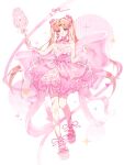  1girl absurdres ankle_ribbon arm_bow arm_warmers back_bow bare_shoulders bead_armlet bingdong_chou_cai_z blonde_hair bow bubble_skirt chinese_commentary commentary_request cone_hair_bun double_bun dreamtime_bestowed_(infinity_nikki) dress dress_bow eyelashes frilled_arm_warmers frills full_body gem_hair_ornament hair_bow hair_bun happy heart-shaped_gem highres holding holding_spoon infinity_nikki large_bow layered_dress leg_ribbon long_hair neck_ribbon nikki_(series) oversized_object parted_bangs pink_arm_warmers pink_bow pink_dress pink_eyes pink_ribbon pink_shoes pink_theme platform_shoes ribbon ribbon_earrings shoes short_dress skirt sleeveless sleeveless_dress solo spaghetti_strap sparkle spoon standing twintails very_long_hair white_background white_dress 