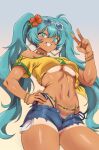 absurdres aqua_eyes aqua_hair bead_necklace beads bracelet brazilian_flag brazilian_flag_print brazilian_miku breasts commentary crop_top deabound1 denim denim_shorts earrings eyewear_on_head fingernails flag_print flower from_below gradient_background hair_flower hair_ornament hand_on_own_hip hatsune_miku highres hoop_earrings jewelry long_hair looking_at_viewer medium_breasts multiple_bracelets navel necklace open_mouth red_flower short_shorts short_sleeves shorts simple_background single_bare_shoulder smile standing sunglasses tan tanlines teeth thighs twintails underboob v vocaloid 
