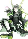  1girl absurdres black_dress black_hair black_rock_shooter commentary_request dead_master demon_girl demon_horns dress green_eyes high_heels highres horns looking_at_viewer reina10000 short_hair_with_long_locks solo 