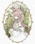  1girl animal_ears arknights bare_shoulders border brown_eyes brown_hair cat_ears cat_girl chinese_commentary closed_mouth commentary_request cowboy_shot detached_sleeves dress flower hair_between_eyes highres long_hair long_sleeves looking_at_viewer makotoinu official_alternate_costume ornate_border own_hands_together painting_(medium) sidelocks solo strapless strapless_dress traditional_media vendela_(arknights) vendela_(the_enigma_of_roses)_(arknights) watercolor_(medium) white_dress white_flower 