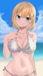  1girl absurdres beach bikini blonde_hair blue_eyes blue_sky blush breasts breasts_apart closed_mouth cloud collarbone commentary_request cowboy_shot day front-tie_bikini_top front-tie_top hair_ornament hand_on_own_chest highres hololive hololive_english large_breasts looking_at_viewer navel ocean outdoors print_bikini ramkilog short_hair side-tie_bikini_bottom sky smile solo stomach swimsuit virtual_youtuber watson_amelia white_bikini 