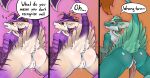 3_panel_comic absurd_res anus avali avian bodily_fluids butt butt_focus comic confusion dialogue dripping_vulva english_text feathers female fur genitals green_body green_fur hi_res looking_at_viewer male olli_(mapleshade) orange_body orange_fur penis presenting presenting_anus presenting_vulva purple_body purple_fur smile smiling_at_viewer solo speech_bubble text transformation vikas vulva