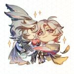  2boys ahoge animal_ears apple argyle_background artist_name black_boots black_cape black_gloves black_jacket boots cape chibi chibi_only closed_mouth commentary earrings english_commentary feathered_wings feathers food from_behind fruit full_body fur-trimmed_cape fur_trim genshin_impact gloves gradient_hair grey_hair hair_between_eyes hands_up highres holding holding_food holding_fruit huge_ahoge illuga_(genshin_impact) jacket jewelry kemonomimi_mode kokorei_jay lohen_(genshin_impact) long_sleeves looking_at_viewer male_focus mole mole_under_eye multicolored_hair multiple_boys pants pink_hair pointy_ears purple_eyes rabbit_boy rabbit_ears rabbit_tail short_hair simple_background single_earring smile star_(symbol) tail two-tone_hair white_background white_pants wings 