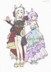  2girls animal_ears asymmetrical_dress asymmetrical_gloves bare_shoulders black_dress black_gloves blunt_tresses breasts closed_mouth commentary cupcake dress ear_ornament elbow_gloves evening_gown food gloves gold_sandals gold_ship_(la_mode_564)_(umamusume) gold_ship_(umamusume) grey_hair high_heel_sandals high_heels highres holding holding_tray horse_ears horse_girl horse_tail jewelry koshiba_taiyaki lace lace_gloves long_hair mejiro_mcqueen_(heart_exposed_to_the_night_breeze)_(umamusume) mejiro_mcqueen_(umamusume) multiple_girls necklace official_alternate_costume official_alternate_hairstyle open_mouth platform_sandals ponytail purple_eyes purple_hair sandals single_bare_shoulder smile tail tray umamusume uneven_gloves untranslatable_commentary 