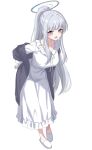  absurdres blue_archive blue_halo blush breasts cardigan cardigan_partially_removed choon_sik2 commentary dot_nose full_body grey_cardigan grey_hair halo happy high_ponytail highres korean_commentary large_breasts long_hair looking_at_viewer mechanical_halo metal_halo nightgown noa_(blue_archive) noa_(pajamas)_(blue_archive) open_mouth ponytail purple_eyes simple_background slippers standing white_background white_nightgown white_slippers 