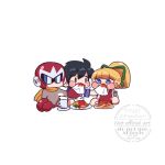  1girl 2boys absurdres black_hair blonde_hair blunt_bangs blush_stickers bow brother_and_sister brothers chibi chibi_only cropped_torso cup dress food food_on_face fork green_bow hair_bow highres holding holding_fork holding_napkin looking_at_another mega_man_(character) mega_man_(classic) mega_man_(series) motion_lines multiple_boys napkin no_sclera pasta plate ponytail proto_man red_dress roll_(mega_man) short_hair short_ponytail siblings simple_background spaghetti srnhuyuno sunglasses tinted_eyewear white_background 