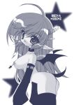  1girl :d ahoge artist_name ass bad_id bat_wings blue_theme breasts choker comic_papipo commentary_request demon_girl demon_horns detached_sleeves hibiki_seiya horns long_hair long_sleeves lowres medium_breasts mini_wings nipple_piercing nipple_rings nipples open_mouth piercing pointy_ears ring_piercing simple_background smile solo star_(symbol) tail thighhighs white_background wings 