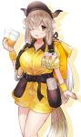  1girl animal_ears backpack bag belt blush brown_eyes brown_hair cup hair_over_one_eye hat highres holding holding_cup horns kemono_friends long_hair open_mouth shirt shorts standing suicchonsuisui tail very_long_hair wristband yak_(kemono_friends) yellow_bag yellow_shirt yellow_shorts 