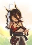  1girl ahoge animal_ears bare_shoulders black_hair blush breasts choker commentary_request detached_sleeves dress ear_ornament frilled_cuffs frilled_veil grey_veil hair_between_eyes highres horse_ears horse_girl lace-trimmed_choker lace_trim long_hair_between_eyes looking_at_viewer manhattan_cafe_(mysterious_rose)_(umamusume) manhattan_cafe_(umamusume) multicolored_hair offering_hand official_alternate_costume open_mouth ribbon sagittarius_(cruxhkg) small_breasts smile solo umamusume veil white_dress white_ribbon yellow_eyes 