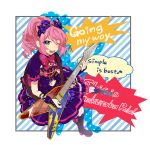  1girl :d ;d aikatsu!_(series) aikatsu_stars! bad_id bad_pixiv_id black_boots blue_eyes boots bow bowtie drill_hair drop_shadow full_body guitar hair_bow holding holding_guitar holding_instrument instrument looking_at_viewer one_eye_closed open_mouth pink_bow pink_bowtie pink_hair purple_shirt purple_skirt sakuraba_rola sakuragi_mochi shirt sitting skirt smile solo speech_bubble 