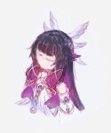  1girl becauseegg columbina_(genshin_impact) commentary dress eye_mask fatui_coat genshin_impact hair_ornament halation_pupils head_wings highres invisible_shoes mask multicolored_hair multiple_wings purple_streaks see-through_clothes see-through_mask streaked_hair white_dress white_headdress white_mask white_wings wing_hair_ornament wings wrist_bow 