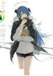  1girl arknights art_program_in_frame bag black_horns black_jacket black_shorts blue_eyes blue_hair cropped_legs donut food fur_trim grey_halo halo holding holding_donut holding_food horns jacket long_sleeves looking_to_the_side mostima_(arknights) nininikal open_clothes open_jacket paper_bag shirt shorts solo tail traditional_halo unfinished white_shirt 