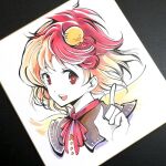  1girl :d animal_on_head baby_animal bird blonde_hair chick commentary_request index_finger_raised multicolored_hair niwatari_kutaka on_head open_mouth portrait red_eyes red_hair shikishi short_hair smile solo touhou traditional_media tsubameyado two-tone_hair wings yellow_wings 