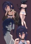  1girl absurdres apron ass back bare_legs bare_shoulders barefoot black_apron black_choker black_gloves black_hair black_ribbon blush bomb_devil_(chainsaw_man) breasts brown_apron brown_background chainsaw_man choker closed_mouth collared_shirt commentary_request elbow_gloves flower gloves green_eyes hair_between_eyes hair_bun hand_on_own_cheek hand_on_own_face highres holding holding_flower kneepits looking_at_viewer median_furrow medium_hair multiple_views neck_ribbon owl_pencil panties purple_background reze_(chainsaw_man) ribbon shirt shoulder_blades simple_background single_hair_bun sleeveless smile underwear upper_body white_flower white_panties white_shirt 