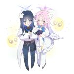  2girls bandaid bandaid_on_head black_boots black_shirt black_shoes blue_archive blue_bow blue_eyes blue_halo blue_pants blush boots bow chibi closed_mouth coat commentary crying dress emoji feathered_wings flower full_body hair_flower hair_ornament halo hand_on_own_chest highres long_hair looking_at_viewer loose_hair_strand low_wings mika_(blue_archive) mikaanon multicolored_eyes multiple_girls own_hands_together pants parted_lips pink_hair pink_halo pleading_face_emoji purple_eyes raised_inner_eyebrows saori_(blue_archive) shirt shoes simple_background sparkle standing tearing_up white_background white_coat white_dress white_wings wide_sleeves wings wispy_bangs yellow_eyes 