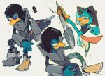  ... 1boy antenna_hair aqua_fur aqua_skin artist_name beaver_tail brown_hat colored_skin cyborg duel fedora grey_background hat highres mechanical_arms mechanical_legs official_alternate_costume orange_tail parody perry_the_cyborg perry_the_platypus phineas_and_ferb platypus reynarabi sonic_(series) style_parody tail 
