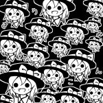  1girl :d absurdres blush bow character_name collared_shirt commentary galm_x_lmr_(ryonasa) greyscale hair_between_eyes hat hat_bow highres medium_hair monochrome open_mouth shirt smile solid_circle_eyes too_many touhou translated usami_renko variant_set_available 