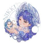  1girl ahoge animal baobao_gu_zhence_yuan bare_shoulders beads blue_bow blue_bowtie blue_cloak blue_hair bow bowtie braid brooch bubble cat chinese_commentary circlet cloak clothed_animal collarbone commentary_request copyright_name cropped_torso dress ear_covers flower flower_as_hat flower_brooch hair_beads hair_ornament heartward_hues_(infinity_nikki) highres holding holding_orb hood hood_up hooded_cloak infinity_nikki jewelry long_hair looking_at_animal low_twin_braids momo_(nikki) neck_ribbon nikki_(series) off-shoulder_dress off_shoulder official_alternate_costume orb paint_splatter paint_splatter_on_face parted_lips pawpads purple_dress purple_flower ribbon simple_background striped_bow surprised twin_braids white_background white_bow white_bowtie white_cat white_flower white_ribbon x_navel 