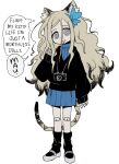  1girl :3 @_@ animal_ear_fluff animal_ears black_headband black_socks black_sweater blonde_hair blue_bow blue_skirt bow camera cat_ears cat_tail catseye_(dizzyspells) claws commentary dizzyspells doll_joints drooling english_commentary english_text full_body grey_shoes hair_between_eyes hair_bow headband jaggy_lines joints kemonomimi_mode layered_clothes long_hair long_sleeves multicolored_hair open_mouth original shoes skirt socks solo speech_bubble sweater tail turtleneck turtleneck_sweater two-tone_hair very_long_hair white_background 