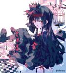  armband artist_name birdcage black_capelet black_hair black_pantyhose black_shirt black_shoes black_skirt cage cake cake_slice capelet chess_piece collared_shirt commentary crown cup flower food foopy gloves hair_flower hair_ornament highres hourglass layered_skirt long_hair long_skirt long_sleeves looking_at_viewer mahou_shoujo_no_majo_saiban mary_janes nikaido_hiro open_mouth pantyhose pleated_capelet red_armband red_eyes red_skirt shelf shirt shoes side_capelet signature simple_background skirt tea_set teacup teapot untranslatable_commentary watermark white_background white_flower white_gloves white_shirt 